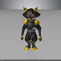 Cartoon Style 3D Animal Character Model With Black Yellow Body Red Eyes Standing Reflective Base