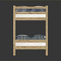 Wooden Bunk Bed Frame With Upper Lower Twin Mattresses And Plaid Sheets