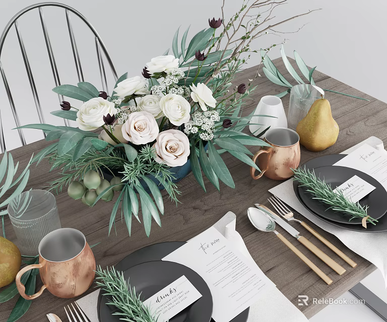 Elegant Dinnerware Set With Black Plates Copper Mugs And Floral Arrangement On Wooden Table 3d model 