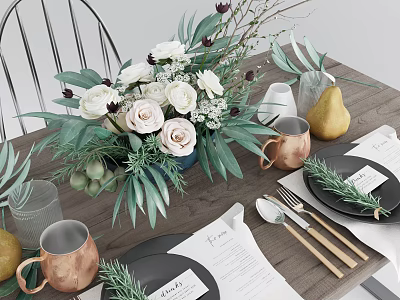 Elegant Dinnerware Set With Black Plates Copper Mugs And Floral Arrangement On Wooden Table 3d model