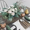Elegant Dinnerware Set With Black Plates Copper Mugs And Floral Arrangement On Wooden Table