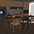 Modern Kitchen Bar Counter With Wooden Top Chairs Fruit Vase And Cabinets