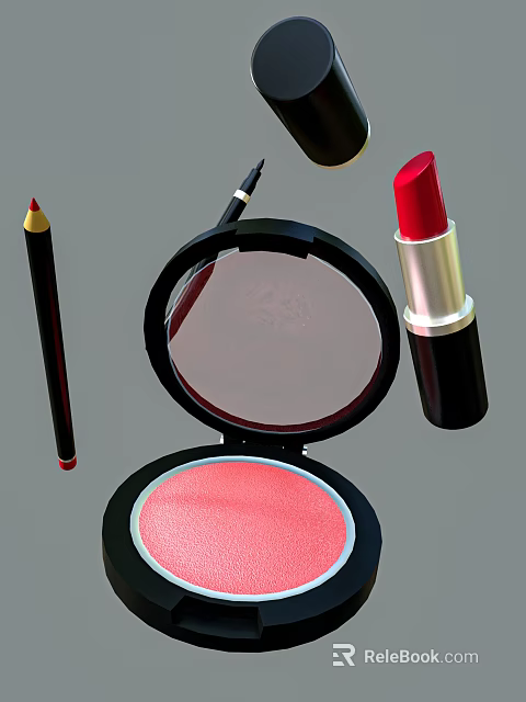Perfume Cosmetics Display With Red Lipstick Blush Powder Eyebrow Pencil And Mirror 3d model 