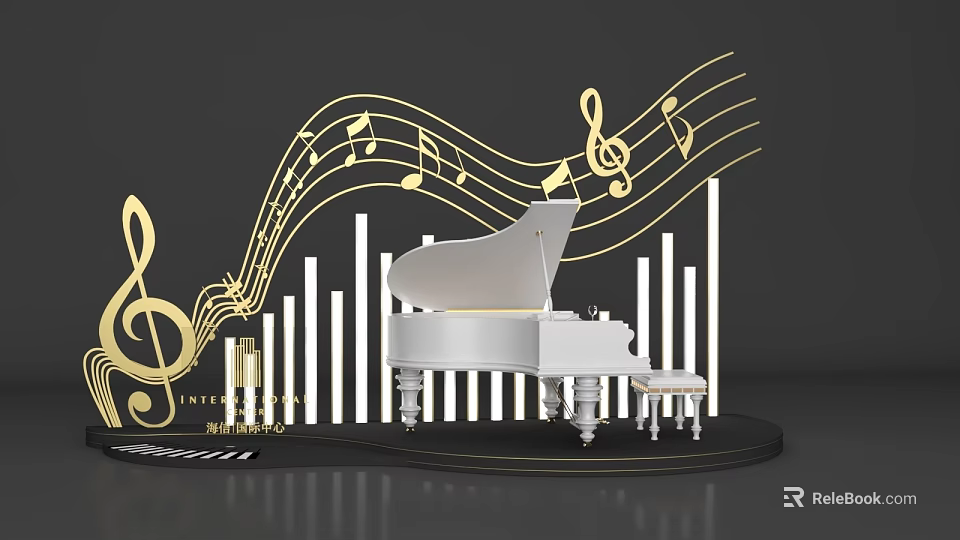 Music Themed Photo Check In Spot With White Grand Piano Golden Music Notes And Pillars 3d model 