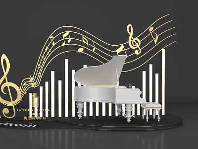 Music Themed Photo Check In Spot With White Grand Piano Golden Music Notes And Pillars 3d model