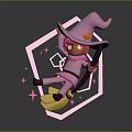 Pink Witch Character Flying On Broomstick With Stars And Geometric Shapes