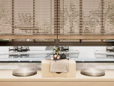 Zen Style Minimalist Tea Table And Chairs With Wooden Blinds And Soft Cushions 3d model