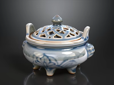 Blue And White Ceramic Ornament Set With Perforated Lid Lotus Pattern And Handles 3d model
