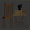 Vintage Sewing Machine On Wooden Worktable With Comfortable Wooden Chair