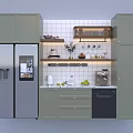 Modern Wine Cabinet In Kitchen With Light Green Cabinets Glassware And Decorative Vase