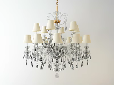 Elegant Crystal Chandelier With Multiple White Lampshades And Hanging Crystal Pendants 3d model