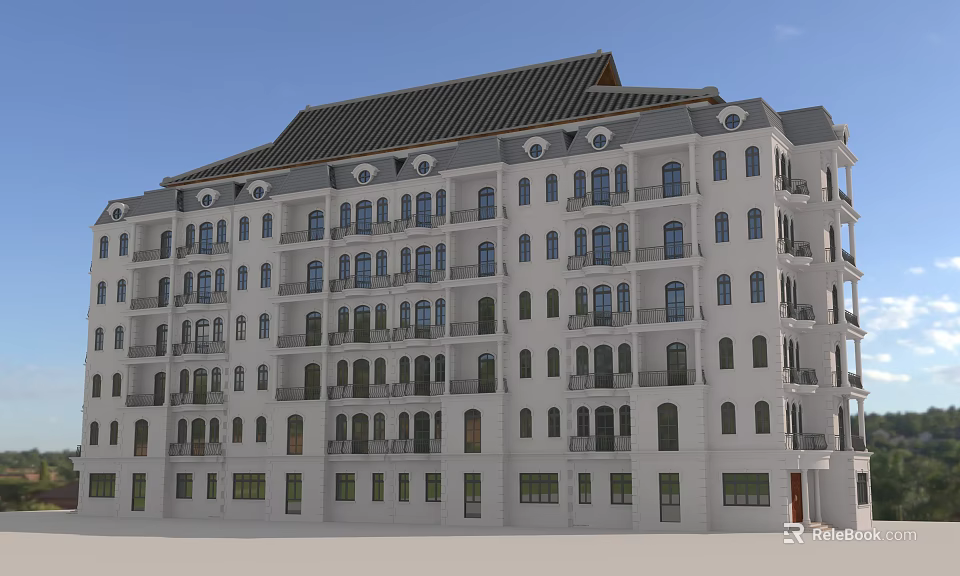 Modern Hotel Building With White Exterior Sloped Roof Multiple Windows And Balconies 3d model 
