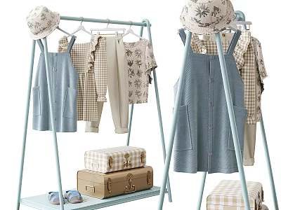 Cute Children's Clothes Hanging On Light Blue Racks With Hats Suitcases And Shoes 3d model