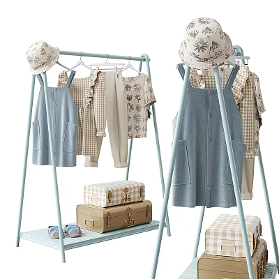 Cute Children's Clothes Hanging On Light Blue Racks With Hats Suitcases And Shoes 3d model