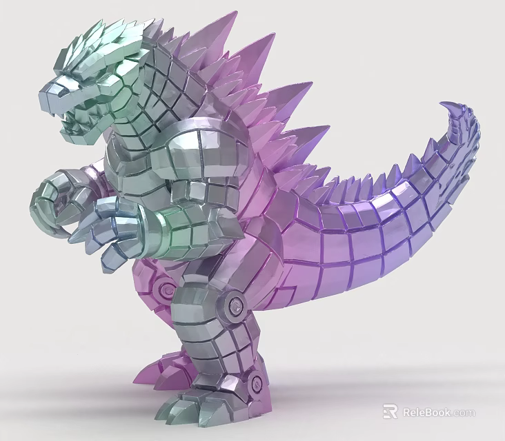 Colorful Metallic Godzilla Sculpture With Grid Patterned Body And Spiked Back 3d model 