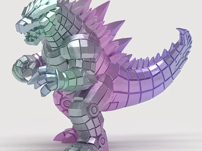 Colorful Metallic Godzilla Sculpture With Grid Patterned Body And Spiked Back 3d model