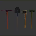 Four Different Weapons With Wooden Handles And Metal Heads On