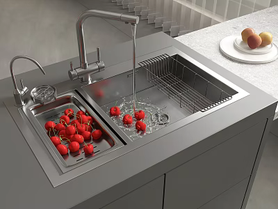 Stainless Steel Double Bowl Kitchen Sink with Faucet Drying Rack and Cherries in Modern Kitchen 3d model