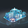 Blue Futuristic Architectural Model With Transparent Framework Circular Decor And Red Steps 3d model