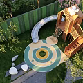 Outdoor Children Play Equipment With Wooden Slide Stairs Circular Play Area And Green Plants