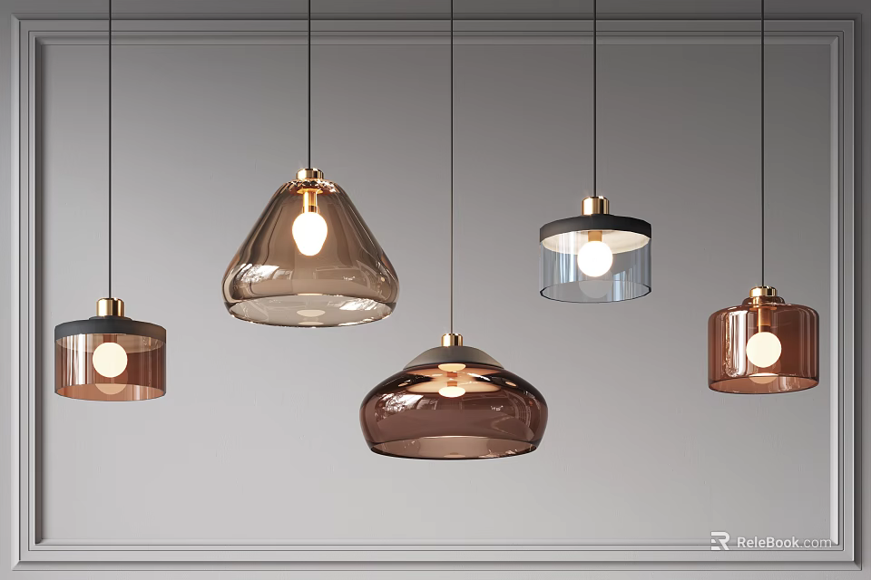 Modern Glass Pendant Lights With Various Shapes And Brown Transparent Design 3d model 