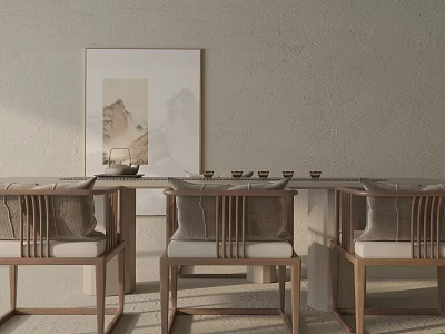Traditional Chinese Wooden Tea Table And Chairs With Wall Art Tea Set And Simple Design 3d model