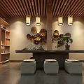 Traditional Chinese Interior Design With Circular Zen Decoration Wooden Elements And Green Plants