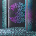 Arabic Calligraphy Decorative Design With Purple Teal Patterns On Black Background Vertical Strips And Floor