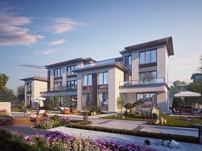 Modern Luxury Townhouse Exterior With Balconies Garden And Outdoor Greenery 3d model