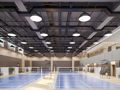 Sports Fitness Indoor Badminton Court With Blue Floor White Net And Round Ceiling Lights 3d model
