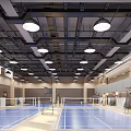 Sports Fitness Indoor Badminton Court With Blue Floor White Net And Round Ceiling Lights 3d model