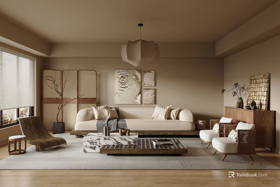 Modern Living Room Interior Design With Beige Sofa Wooden Coffee Table Rug and Pendant Light 3d model 