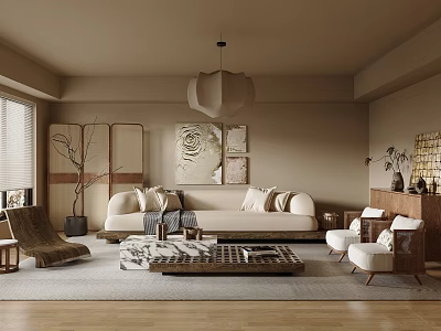 Modern Living Room Interior Design With Beige Sofa Wooden Coffee Table Rug and Pendant Light 3d model