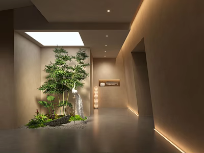 Modern Elevator Hallway Interior With Greenery Sculpture Lighting And Art 3d model