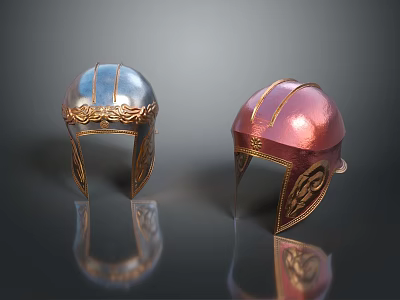 Ancient Weapon Helmets With Silver And Pink Finishes And Intricate Golden Decorations 3d model