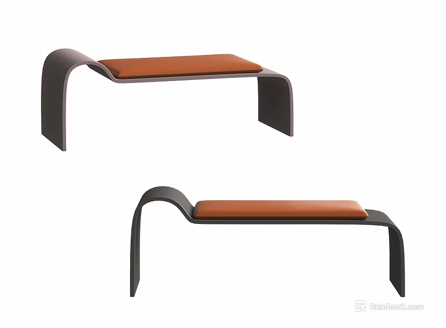 Set Of Two Modern Footstool With Curved Black Frame And Orange Cushion 3d model 