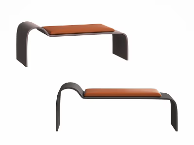 Set Of Two Modern Footstool With Curved Black Frame And Orange Cushion 3d model