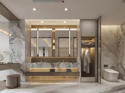 Light Luxury Modern Marble Bathroom Interior With Double Sinks And Built In Storage Cabinets 3d model