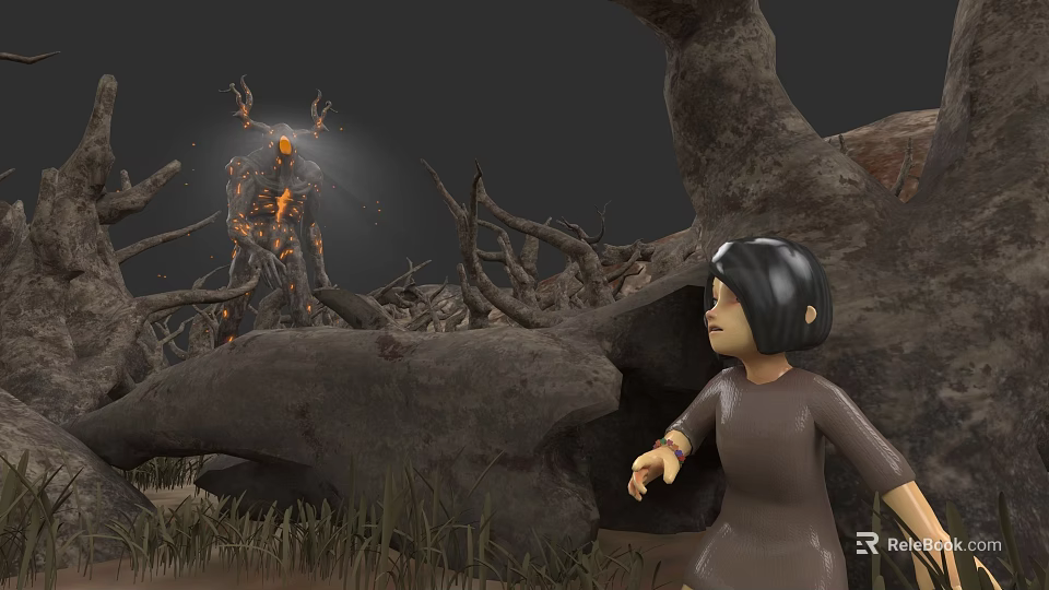 Little Girl Encountering Glowing Antlered Creature In Desolate Landscape With Dead Trees Stones And Grass 3d model 