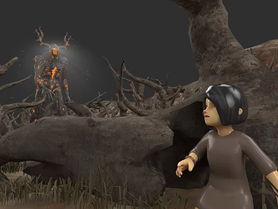 Little Girl Encountering Glowing Antlered Creature In Desolate Landscape With Dead Trees Stones And Grass 3d model