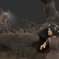 Little Girl Encountering Glowing Antlered Creature In Desolate Landscape With Dead Trees Stones And Grass