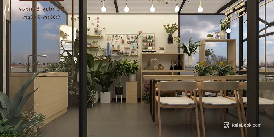 Cozy Specialty Store Interior With Lush Green Plants Shelves Tables Chairs And Decor Items 3d model 
