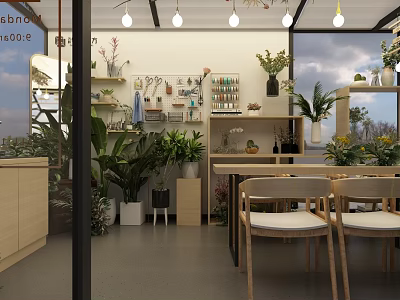 Cozy Specialty Store Interior With Lush Green Plants Shelves Tables Chairs And Decor Items 3d model