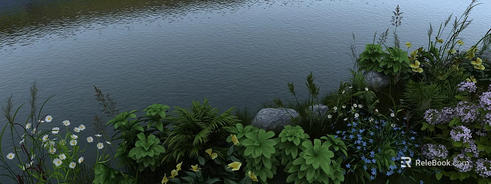 Natural Garden Landscape With Water Edge Lush Ferns Yellow And Blue Flowers And Rocks 3d model 