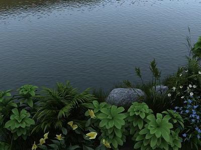 Natural Garden Landscape With Water Edge Lush Ferns Yellow And Blue Flowers And Rocks 3d model
