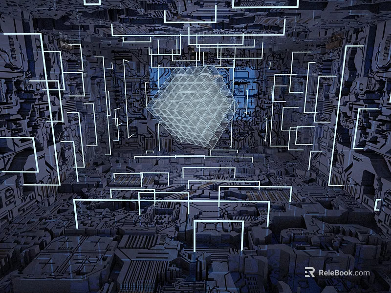 Cartoon Scene of Futuristic City with Glowing Lines and Hexagonal Grid Structure 3d model 