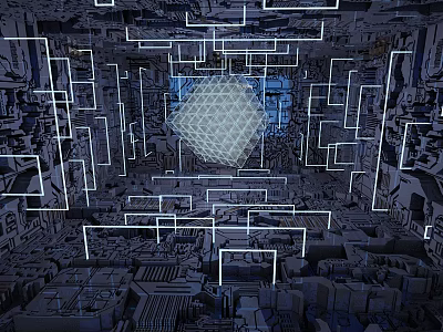 Cartoon Scene of Futuristic City with Glowing Lines and Hexagonal Grid Structure 3d model