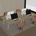 Light Wood Office Desk With Multiple Monitors Brown Rolling Chairs On Rug Near Window