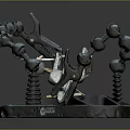3D Robotic Creature Model With Mechanical Arm Chain Parts And Aircraft On Base