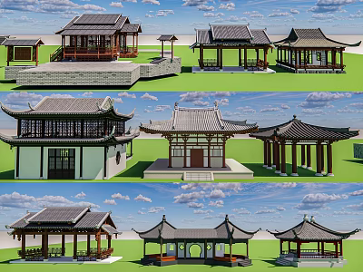 Traditional Chinese Ancient Pavilions With Diverse Roof Styles And Curved Eave Designs 3d model